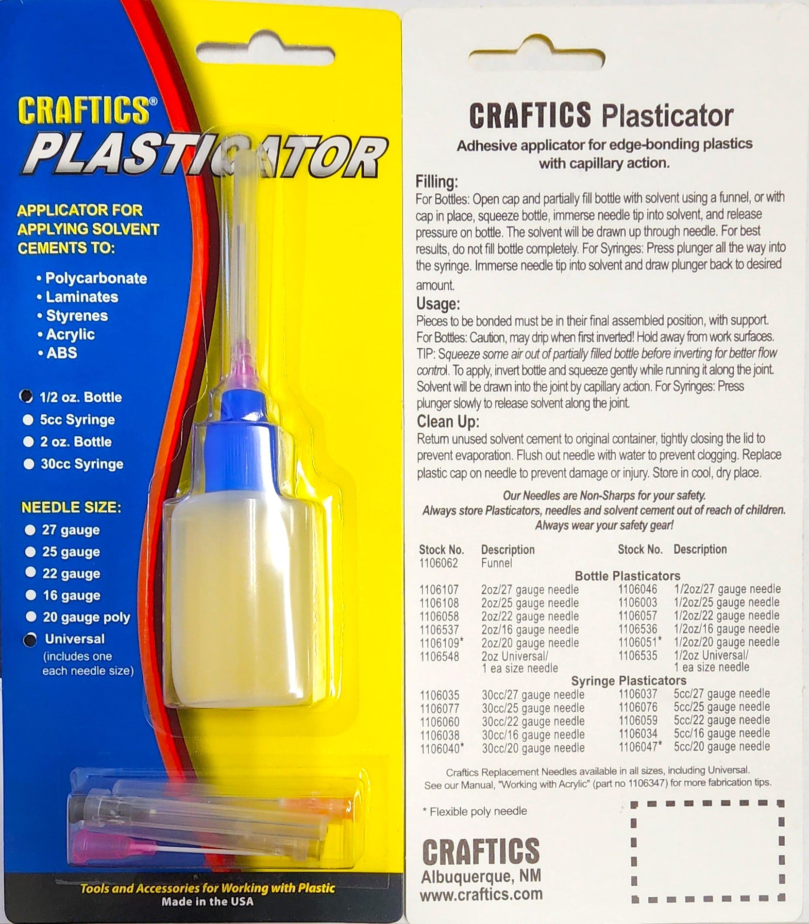 1/2-oz Bottle Plasticator with 1 each of 16-gauge, 22-gauge, 25-gauge, and 27-gauge metal needles, and a 20-gauge flexible Poly needle