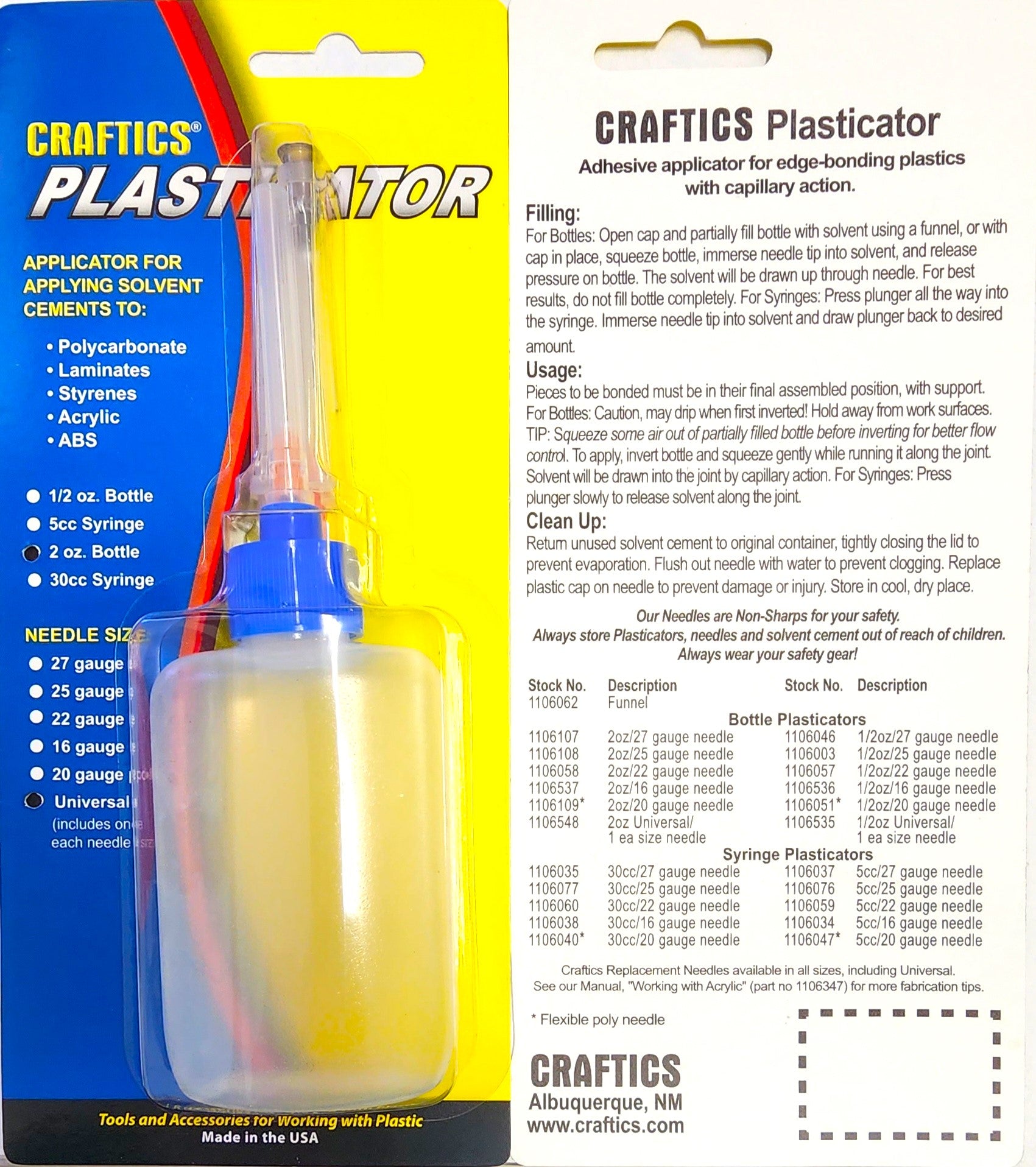 2-oz Bottle Plasticator with 1 each of 16-gauge, 25-gauge, and 27-gauge metal needles, and a 20-gauge flexible Poly needle