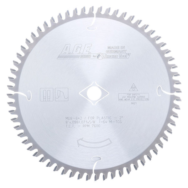 A.G.E. Plastic Cutter Saw Blade 8.0"diam x 64 tooth x 5/8" arbor and a -2 degree hook