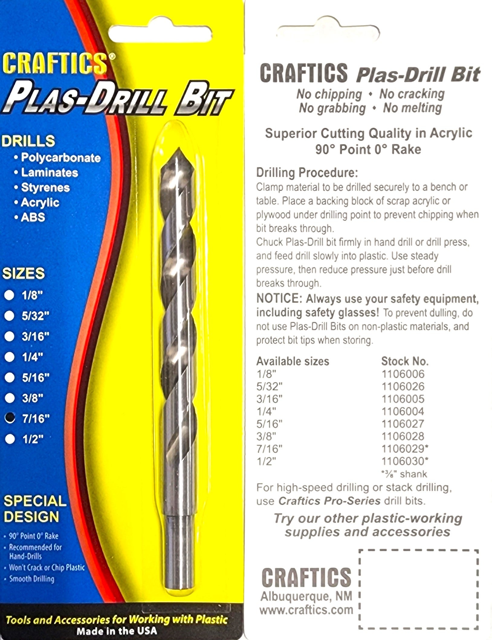 Craftics 7/16" Plas-Drill Bit (3/8" shank)